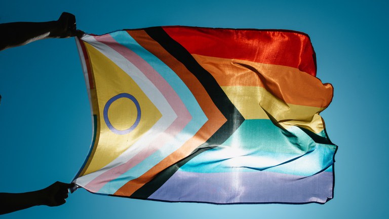 Representação de todas as cores da bandeira LGBTQIA+; símbolo circular em roxo e amarelo representa a população intersexo