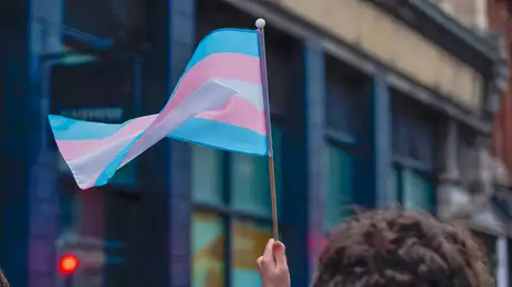 Bandeira trans usa as cores azul, rosa e branco