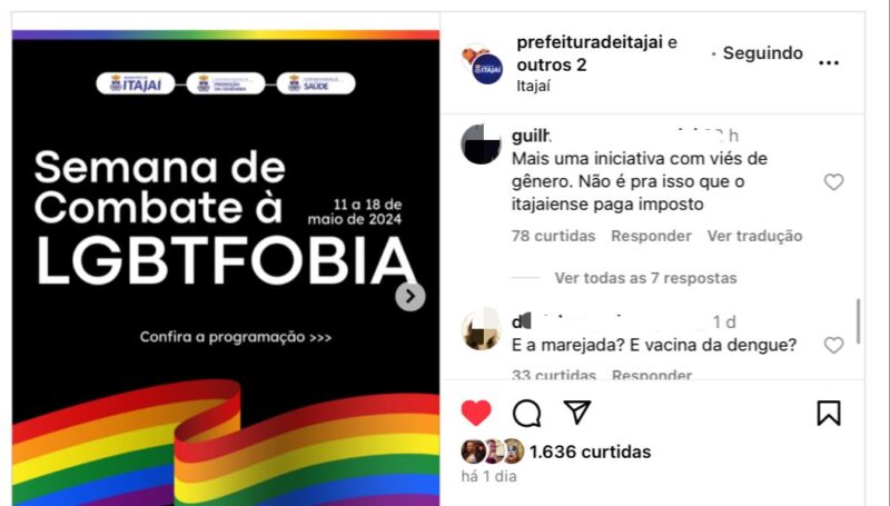 Evento de combate à LGBTfobia é alvo de comentários homofóbicos