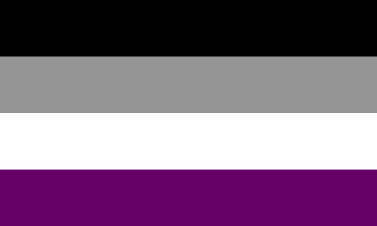 Conheça as bandeiras e as cores de cada letra da sigla LGBTQIA+ A bandeira assexual traz quatro listas horizontais nas cores preto, cinza, branco e roxo - Foto: Arquivo/Wikimedia Commons