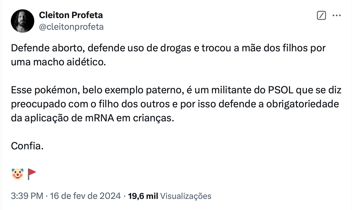 tuíte do vereador Cleiton Profeta que se refere ao vereador LGBT+ Leonel Camasão