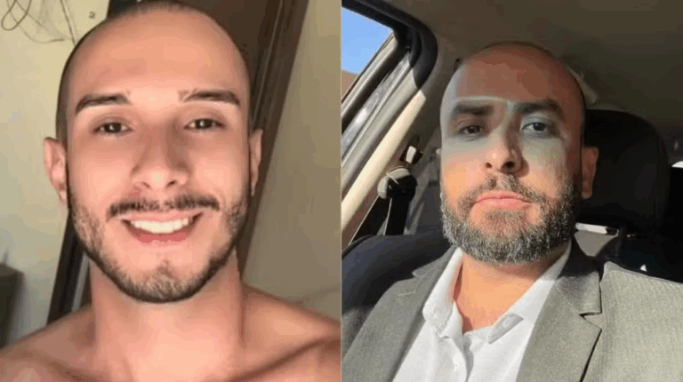 Professor Jhonathan Silva Simões (à esquerda) foi assassinado em Formiga; suspeito do crime é o vereador de Araújos, Lucas Coelho (à direita), que se apresentou à delegacia e foi preso por crime premeditado — Foto: Reprodução/Redes Sociais/Divulgação/Floripa.LGBT